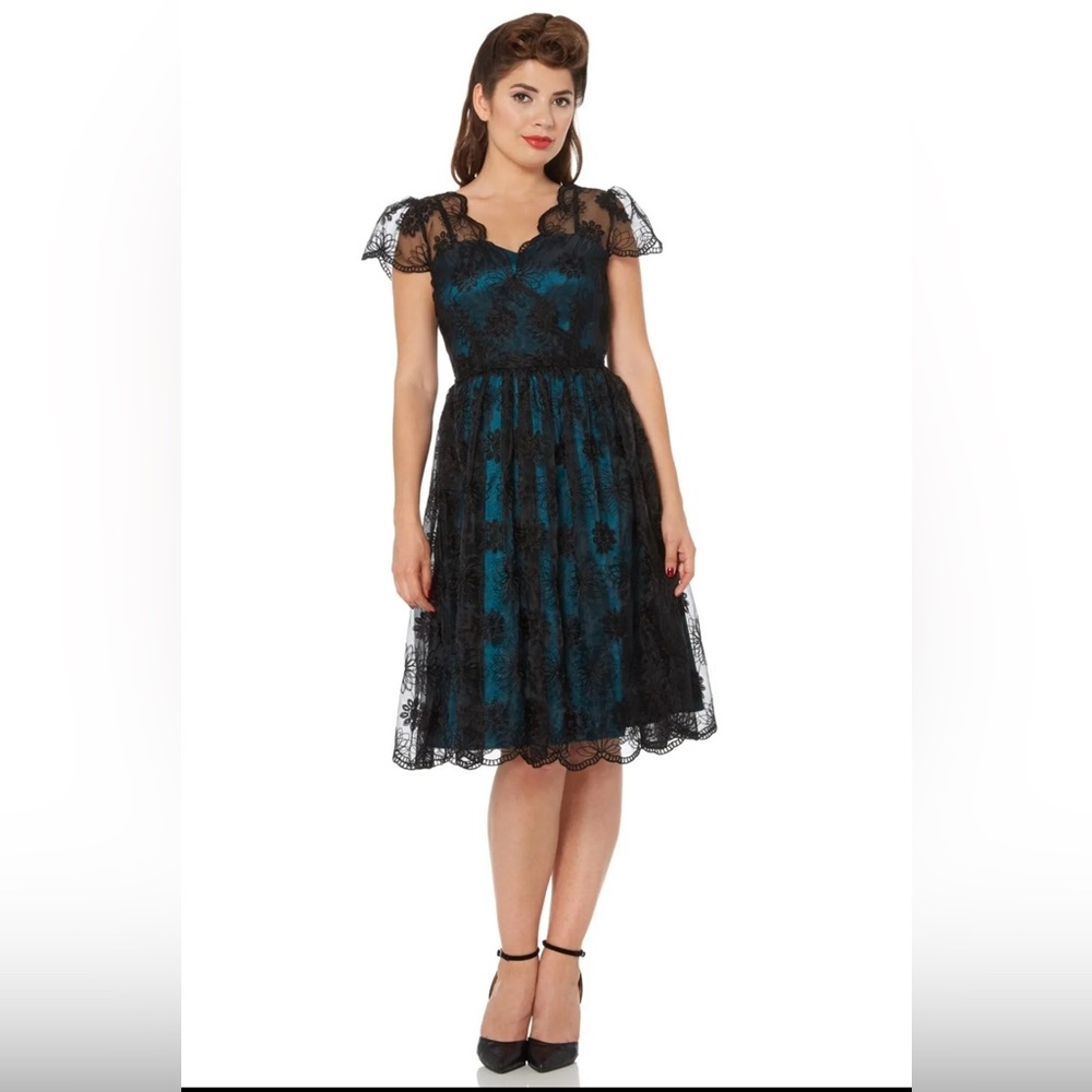 Voodoo vixen flared lace dress with teal lining
